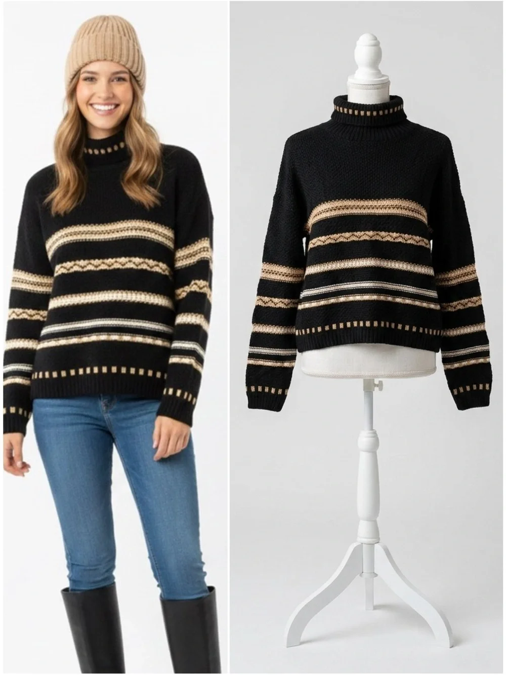 Vintage 90s Y2K Black Tan Striped Turtleneck Sweater Made in the USA Size Large